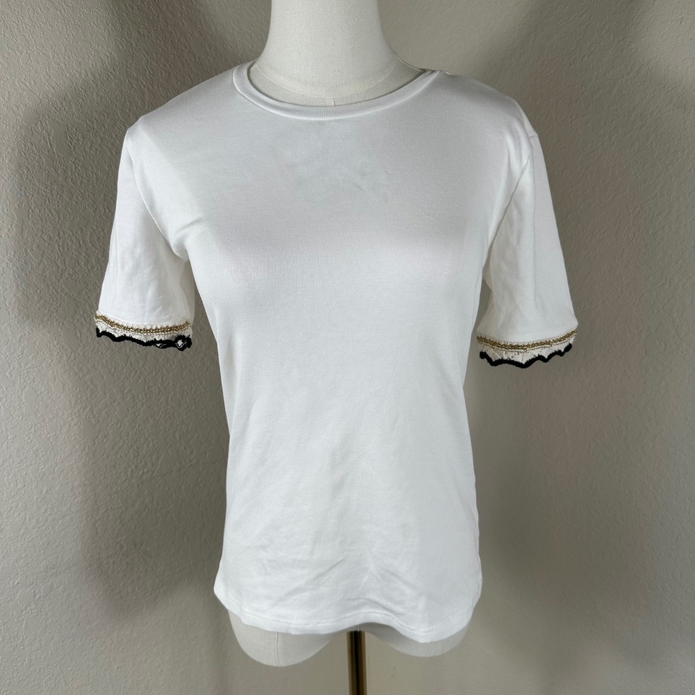 New Zara White Cotton T-Shirt Womens L Gold Metallic Trim Black Lace Cuff